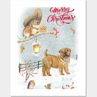 Shar Pei Merry Christmas Santa Dog Holiday Greeting Posters and Art